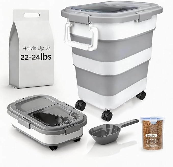 Collapsible Pet Food Storage Container, Airtight Dry Kibble Container with Detachable Wheels and Handle Storage Bin, Foldable Dog Cat Food Holder for Pantry Organization, 22-24 lbs