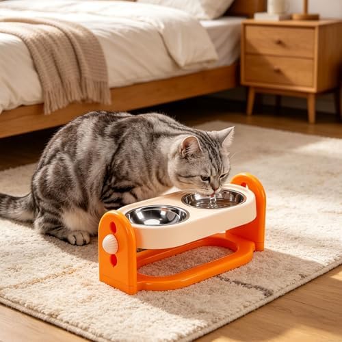 Pssopp Cat Feeding Station Adjustable Elevated Cat Bowl, Anti Vomiting Slanted Tilted Double Bowls Design Food and Water Dispenser Stand for Indoor Pets Supplies (Orange)