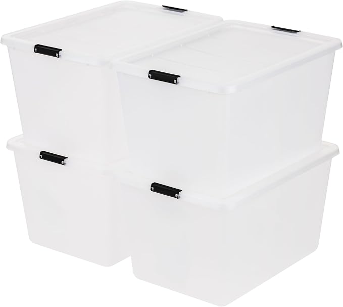 IRIS USA 4-Pack 55 Quart Clip Box with Latching Lid | Latching lid secures office and household supplies. Stackable, nestable design maximizes storage space