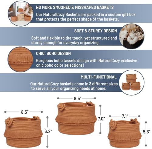 NaturalCozy 3-Piece Boho Decor Storage Basket Set – Cotton Rope Woven Baskets for Organizing! Small Basket for Baby Stuff, Baby Shower, Gift Basket, Nursery Basket, Planter, Toy Basket, Shelves