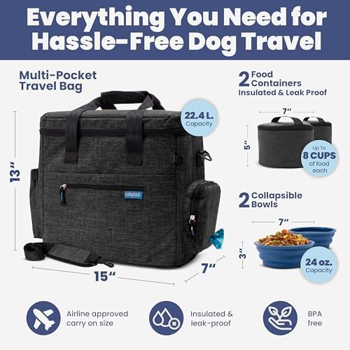 Rubyloo The Original Doggy Bag (Charcoal) & 32oz Insulated Water Bottle with Attached 8oz Bowl (Dogs are My Favorite People) – Dog Travel Bag & Hydration Set