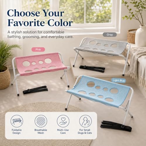 Foldable Pet Bathing Stand, Mesh‑Surface Grooming Stand for Small Pets (Grey) | Portable Dog Grooming Shower Rack with 8 Holes & Adjustable Straps, Foldable Metal Frame for Daily Pet Care and Bathing