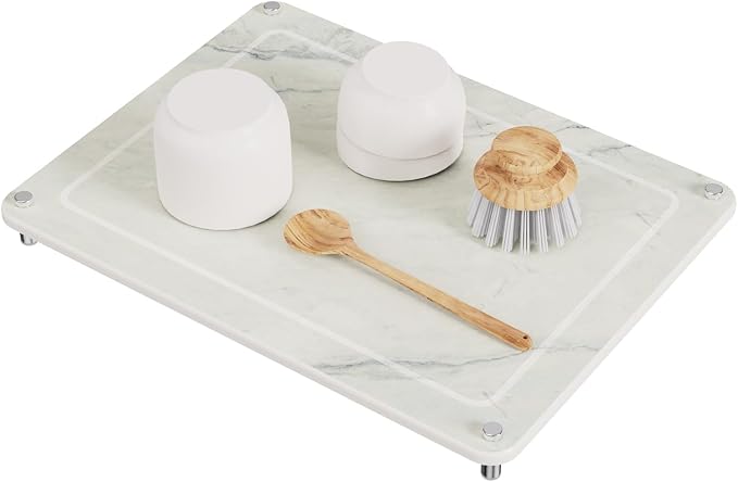 Dish Drying Stone, Water Absorbing Stone Dish Drying Mats for Kitchen Counter, Non-Slip Stone Drying Sink Tray Pad for Dish Bottles Cups, Diatomaceous Earth Sink Caddy Organizer, Beige Marble