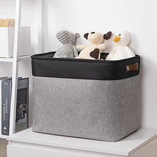 DULLEMELO Large Collapsible Storage Basket/Bin with Sturdy Leather Handles, Fabric Organizer Bin for Storage Clothes, Books, Office, Bedroom, Closet, Nursery & Laundry (Black&Gray)
