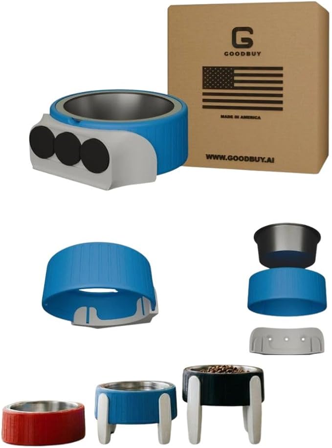 Pet Station Elevated Dog Bowl Stand for 6.8 in. Bowls - 3D Printed Dog Feeder - Adjustable Height Legs and Magnetic Fridge Mount Feeding Station - Made in USA (Blue, Bowl + Full Combo)