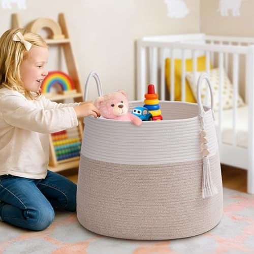 Large Nursery Hamper, 30L Blanket Basket with Handle, Baby Laundry Basket for Gift, Toy, Clothes, Woven Storage Basket with Wooden Bead Decor, Baby Hamper for Nursery (Black&Brown)