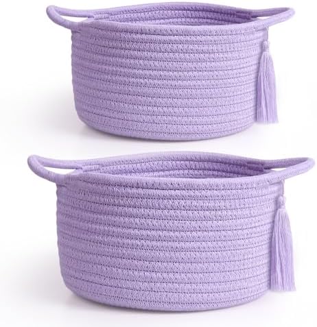 Small Gift Basket Empty to Fill, 2 Pack, Mini Woven Basket Purple | Cute Decorative Mini Rope Storage Baskets with Cellophane Bags & Ribbons; Two Sizes for Gifting, Bathroom Counter or Desk
