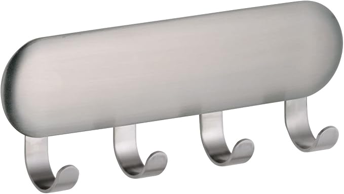 mDesign Metal Peel and Stick Adhesive 4 Hook Storage Rack - Wall Mount Organizer for Entryway, Mudroom, Hallway, Kitchen, Office - Holds Car/House Keys, Leashes - Brushed Stainless Steel