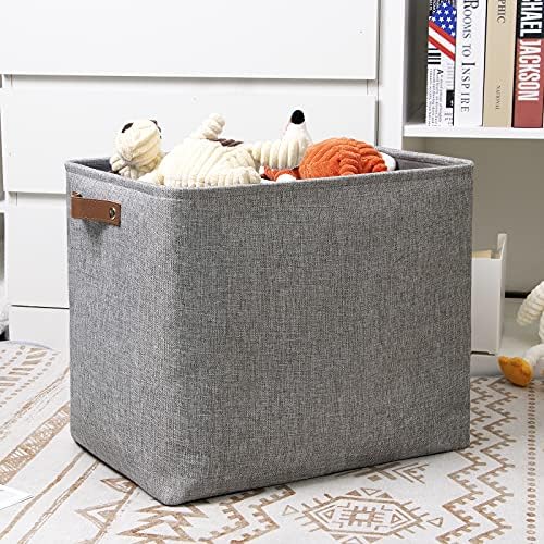 DULLEMELO Large Collapsible Storage Basket/Bin with Sturdy Leather Handles, Fabric Organizer Bin for Storage Clothes, Toys, Books, Office, Bedroom, Closet, Nursery & Laundry (Gray)