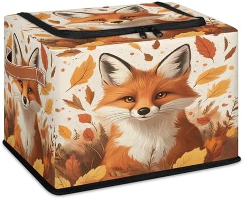 Fox Storage Bins with Zipper Lid Autumn Maple Leaves Foldable Fabric Organizer Box with Handles Rectangular Closet Clothes Organizer Containers