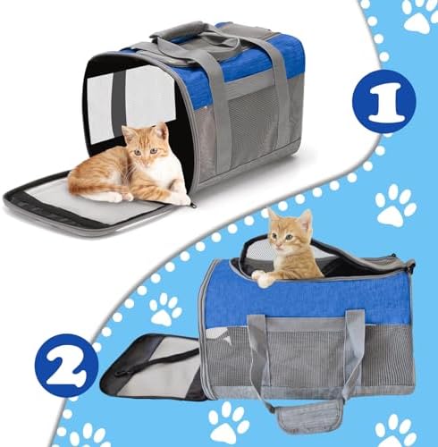 Soft Sided Pet Carrier for Cat,Airline Approved Cat Carriers Collapsible Portable Kitten Travel Crate Breathable Ventilated Grey Blue Puppy Carrying Bag Under to 12 Lb