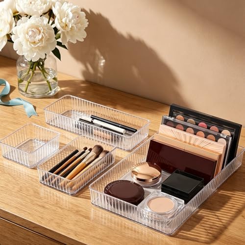 NUOBESTY 10pcs Plastic Drawer Organizer Trays in 4 Sizes Stackable Pet Storage Bins with Divider System and Raised Edges, Prevents Items Sliding, for Kitchen Gadgets, Nail Tools,