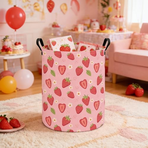 Round Laundry Basket Collapsible Storage Hamper Flower Strawberry | Waterproof Canvas Foldable Baskets with sturdy Handles Multi-scene Organizer for Home Play Bedroom Gift Bin