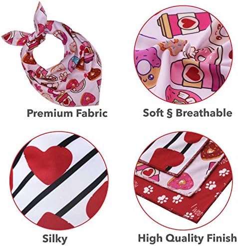 Valentine's Day Dog Bandanas - 2 Pack, Heart, Donut, Paw Printed Pet Scarves, Dog Valentines Bandanas for Small, Medium, Large Dogs, Puppy Outfit, Pink, White