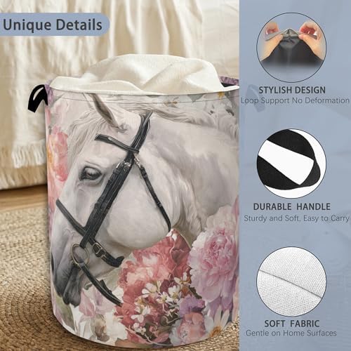 Horse Laundry Hamper,Pink Flowers Dirty Clothes Laundry Basket with Handles Waterproof Oxford Cloth Storage Basket for College Dorms Bathroom Bedroom 16" x 20.8"