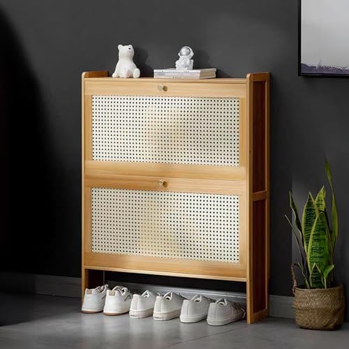 Magshion Narrow Shoe Cabinet for Entryway Slim Thin Bamboo Freestanding Shoe Storage with Flip Drawers for Hallway, Living Room (Natural, 34" x 27" x 7")