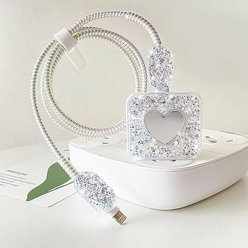 Glitter DIY Cable Protector Compatible for Apple iPhone Power Adapter with Mirror,Cute Bling Love Heart Design,Data Line USB Case Wire Cable Saver Phone Charger Protector for iPhone (Silver)