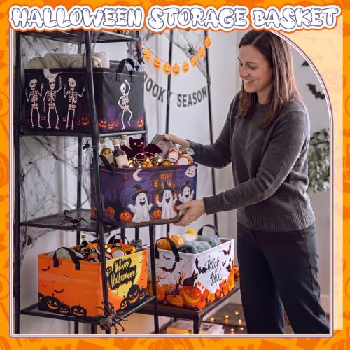 Breling 4 Pcs Halloween Baskets Boo Basket Gift Pumpkin Skull Ghost Baskets with Handles Large Collapsible Storage Bins Boxes for Trick or Treat Gifts Laundry Shelves Home Storage, 15 x 10 x 8 in