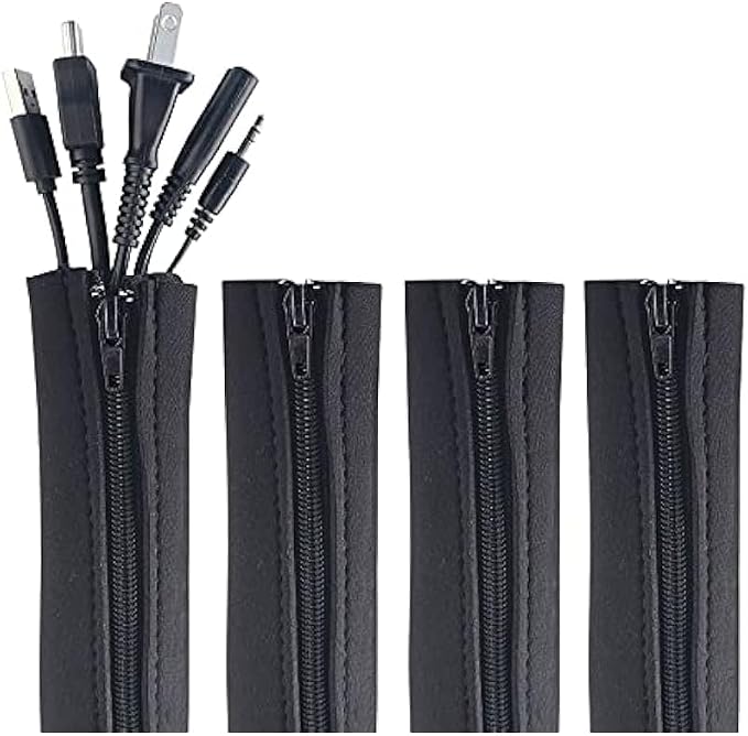 4 PCS Zipper Cable Organizer Sleeves, Cable Management Sleeve for TV and Computer Cords, Black Polyester, Reliable and Easy to Use ，and Effectively Prevent Pets from Chewing