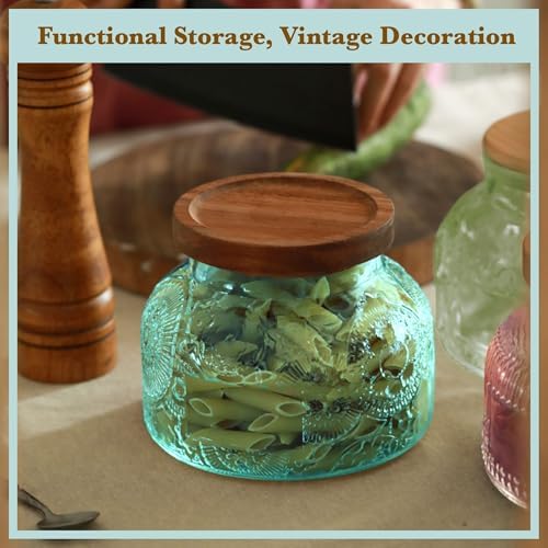 Decorative Blue Embossed Glass Jar with Airtight Wooden Lid, 25.4 fl. oz | Wide mouth vintage storage canister, kitchen pantry bathroom organization, coffee sugar tea cookie candy candle vase gift