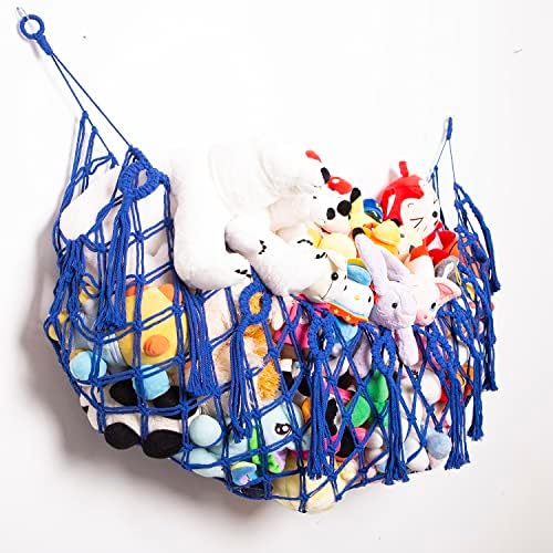 Stuffed animals net or hammock for wall hanging basket macrame toy storage mesh (Blue)