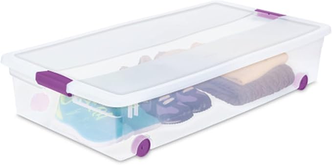 Sterilite 56 Quart ClearView Wheeled Latch Box, Clear Bin and Lid, 4 Pack | Clear Plastic Organizer Bins with Color Accent Latches and Wheels for Closet, Home Bedroom and Dorm Room