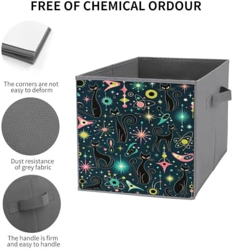 Black Cats Space Star Storage Bin with Handles, Oxford Fabric Foldable Storage Cube Organizer for Clothes, Towels, Bedroom, Living Room, Home Organization