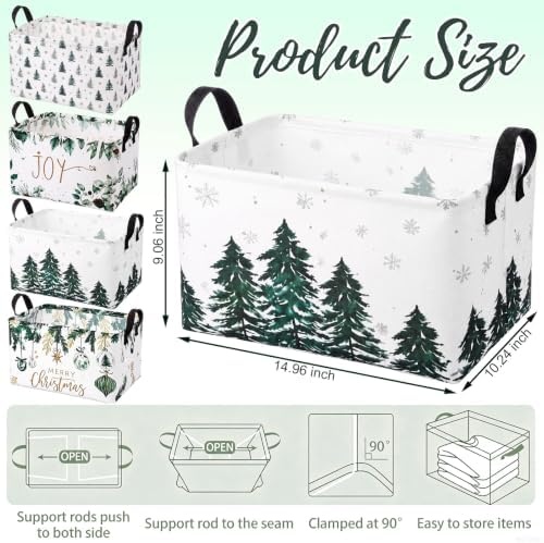 Chunful 4 Pack Christmas Tree Storage Baskets Watercolor Green Pine Snowflake Collapsible Storage Bins with Handles, Merry Christmas Foldable Organizer Laundry Baskets for Home Closet Bedroom Office