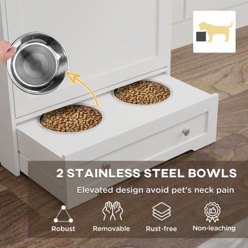 39'' Dog Feeding Station with Storage Cabinet, Wood Pet Storage Cabinet with Raised Bowls, Hidden Feeding Design, Controlled Feed Times