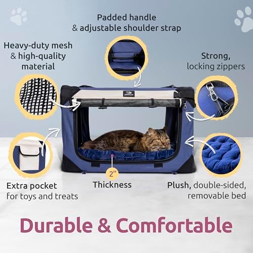 Dog & Cat Carrier, Large, Navy | Soft-sided, Fits Large Cat, 2 Cats, or Medium Dog Comfortably, Great for Travel & Vet Visits, Privacy Windows, Removable Bed