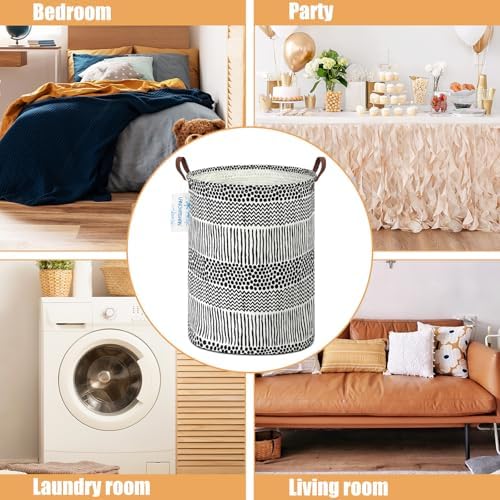 Round Laundry Basket Collapsible Storage Hamper Organizer Black Line | Waterproof Canvas Foldable Baskets with sturdy Handles Multi-scene Organizer for Home Play Bedroom Gift Bin