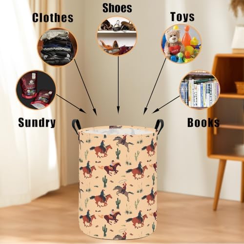 Round Laundry Basket Collapsible Storage Organizer Cactus Cowboy | Waterproof Canvas Foldable Baskets with sturdy Handles Multi-scene Organizer for Home Play Bedroom Gift Bin