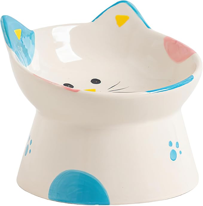 Cute Ceramic Raised Cat Bowls Elevated Design, 15° Tilted FeederProtect Cat's Spine Anti Vomiting Blow for Flat Faced Cats, Kitten Small Dogs,Raise Tilted Cat Food Bowld Pet Dishes(Blue)