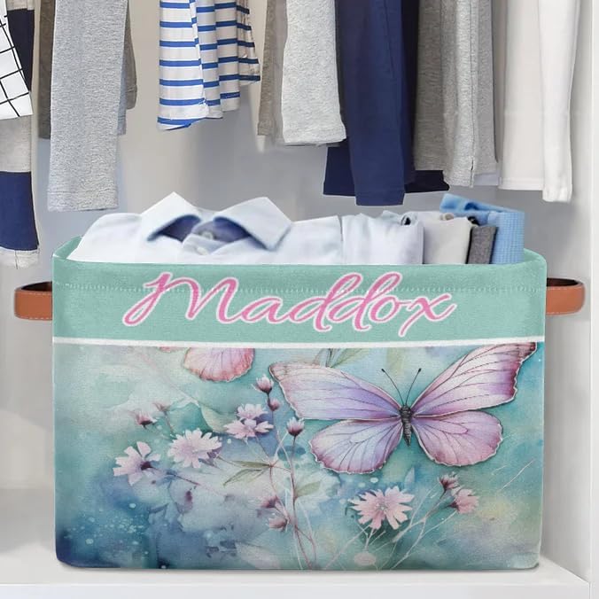 Custom Name Storage Bin, Personalized Rectangular Storage Basket with Handles for Organizing Boys Girls Toys Office Closet Shelf Baskets, Watercolor Pink Butterfly with Floral