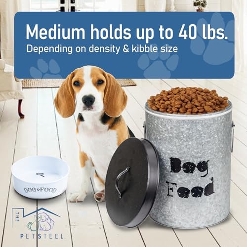 Medium Dog Up To 40lb Pet Food Storage Canister with Scoop – Durable & Airtight for Freshnesss, Minimalist Design & Recyclable, Medium Metal Container (Dog Bin - Medium Size)