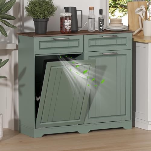 Double 10 Gallon Tilt Out Trash Can Cabinet with Deodorizing Function and Power Outlet, Wooden Hidden Garbage Can Holder with 2 Storage Drawers for Kitchen, Laundry Hamper Cabinet for Bathroom, Green