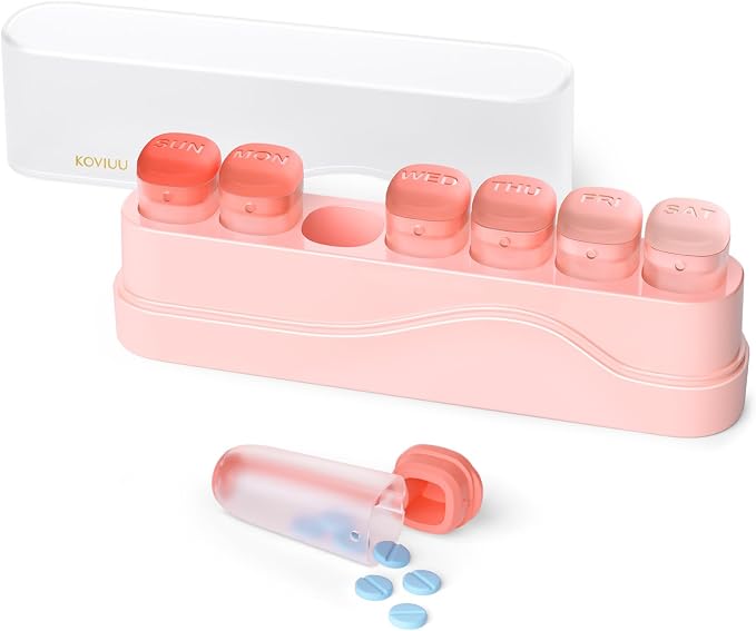 KOVIUU Weekly Pill Organizer 1 Time a Day, Detachable Pill Box 7 Day, Pink | Travel Pill Case | Once Daily Medication Dispenser | Week Pill Holder Container for Vitamin, Medicine, Supplement | BPA-Free