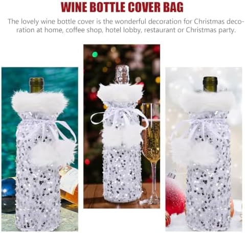 YSNOOWE Christmas Wine Bottle Cover Silver Plush Pouch for Wine Bottle Decoration and Wrapping Holiday Table Accessory with Soft Pet Material