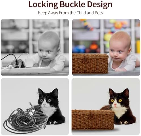 Cable Management Box, Desk Handwoven Rattan Cord Hider Cable Organizer Box With Lid Button Lock, Power Strip Cover Wicker Decorative Basket, Floor Wire Hiding Extension Cord Box (dark brown)