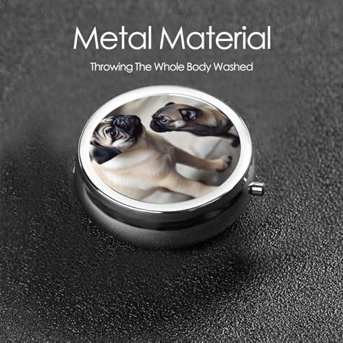 Pill Box 3 Compartment Medicine Pill Case for Pocket or Purse Mini Metal Pillcase Cute Pet Pug Pill Holder Vitamin Organizer Portable Travel Pills Container to Hold Supplements Vitamins