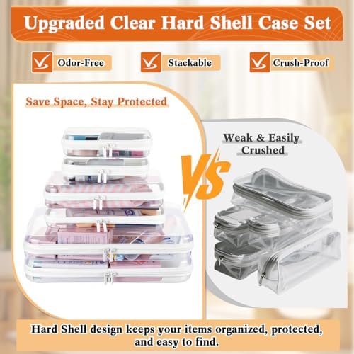 6Pcs Clear Hard Shell Zipper Case Set Travel Organizer, Hard Plastic Zipper Pouches White Storage for Makeup, Toiletry, Office Supplies & Kids Toys