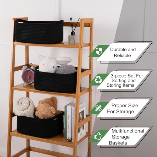 OIAHOMY 3 Pack Storage Baskets for Shelves Cotton Rope Storage Bins Black | Woven Baskets for Storage Nursery Storage Basket with Handles Baskets for Organizing Small Baskets Gift Baskets Empty