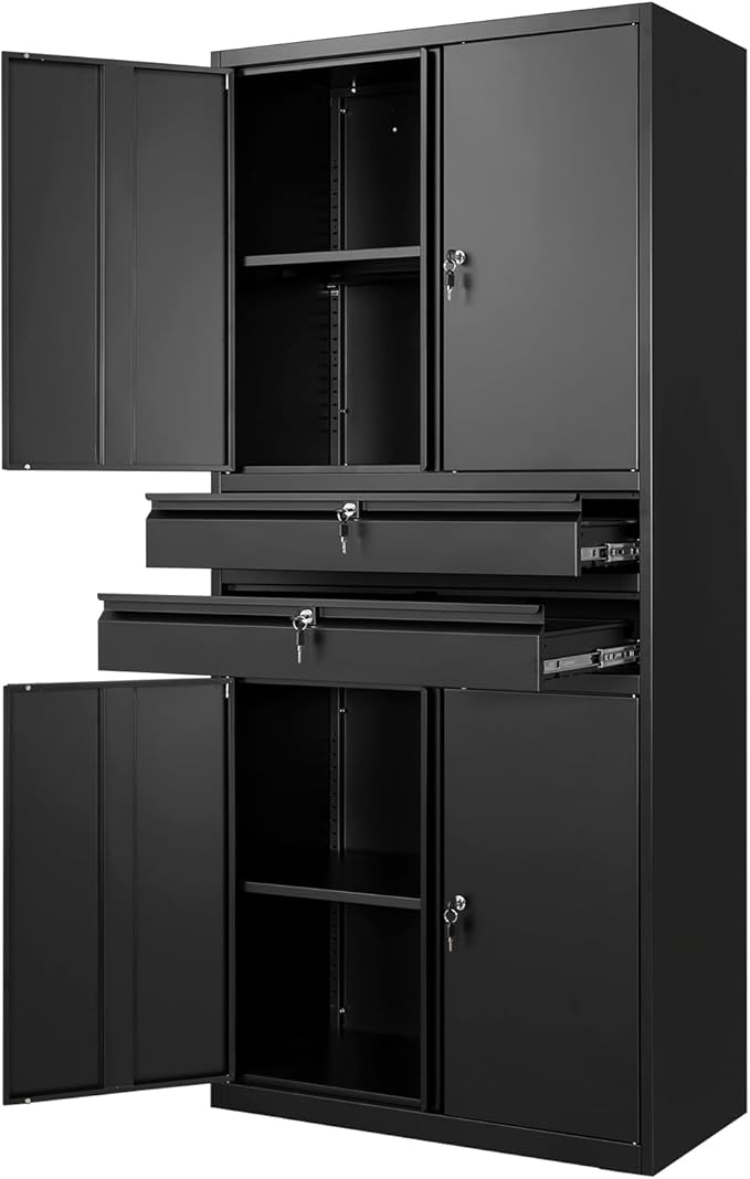 Metal Garage Storage Cabinet with Locking Doors and Adjustable Shelves, 71" Tool Storage Cabinet with 2 Drawer for Garage,Warehouse