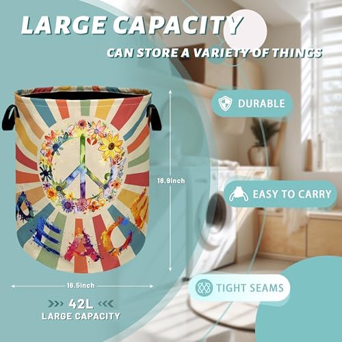Hippie Peace Laundry Basket Foldable Oxford Cloth Hamper 18.9"x16.5"