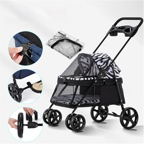 Small Pet Dog Pram Stroller for Cats with Cup Holder, Dog Strollers for Small Dogs Premium Stroller with Rain Cover, Breathable Pushchairs Pet Gear(Zebra)