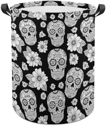 Collapsible Storage Hamper with Handles Floral Sugar Skulls Black, Waterproof Laundry Basket for Clothing, Toys, and Bathroom Use