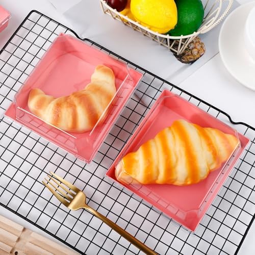 50 Pack Small Charcuterie Boxes with Clear Lids,5 inches Disposable Food Containers,Pink Dessert Boxes with Thank You Stickers,Bakery Box for Sandwich, Strawberries,Cookie,Cake Slice(Pink)