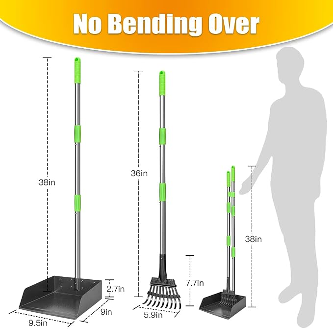 TOOGE Metal Pooper Scooper for Dogs Heavy Duty Long Handle Rake & XL Tray | Poop Scooper for Large Dogs with 9”W 9.5”L Extra Large Tray for Yard, Grass, Dirt & Gravel