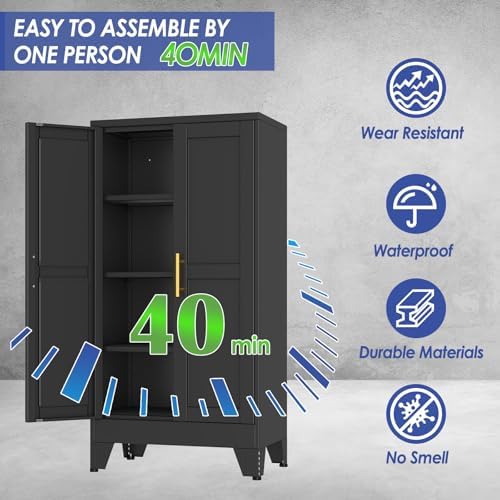 47" Metal Garage Storage Cabinet with 2 Doors and 3 Adjustable Shelves,Metal Storage Cabinets,Steel Tool Cabinets for Home,Office,Garage,Warehouse (Black, 47''H x 24''W x 12''D)