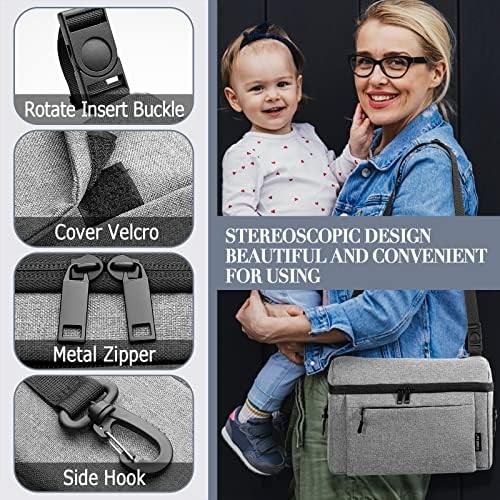 Universal Baby Stroller Organizer Large Space with Insulated Cup Holder Detachable Diaper Bag Adjustable Shoulder Strap Fits All Strollers (grey)